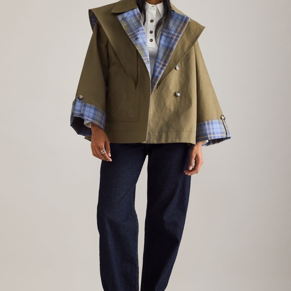 Olive Trench Coat with Blue Plaid Accent - Picture 3 of 6